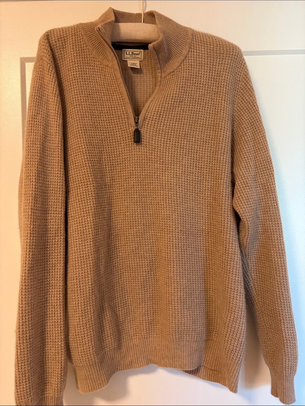 Cashmere L.L. Bean Men’s Zip Mock-Neck Waffle Knit Sweater - Camel. 100%